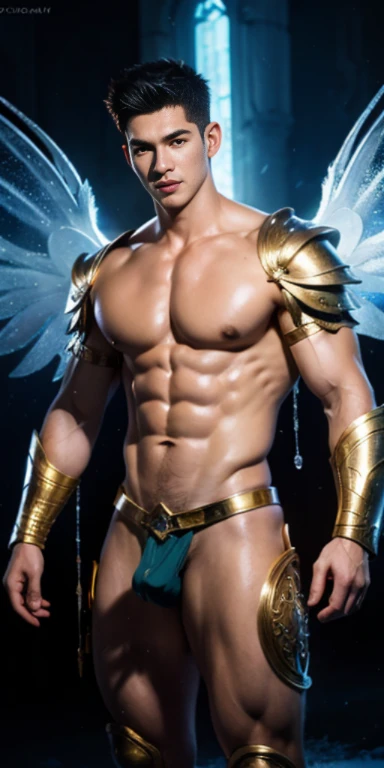 Ultra high resolution, best quality, photograph, 4k, (photographrealistic: 1.4), movie light, The male angel has large translucent wings., A shirtless, muscular man., Abdominal muscles wearing medieval gold armor, Fine fur, feThe male angel has large trans...