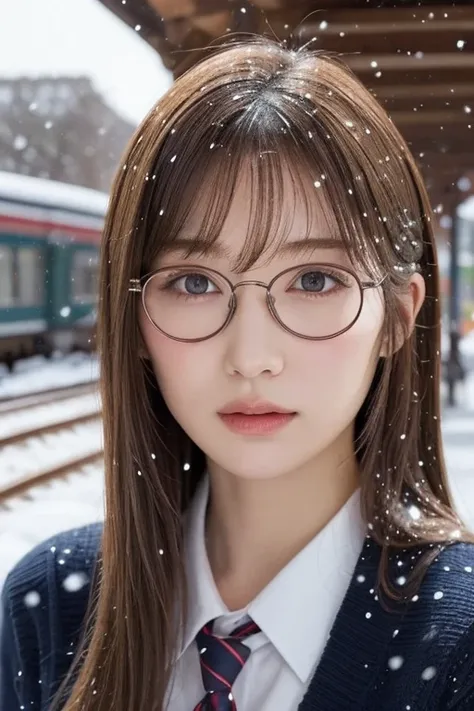 one girl, (a beauty girl, delicate girl:1.3), (18-year-old:1.3),
break, (winter , cute uniform:1.3),
break, (station platform:1.3), (that&#39;It&#39;s snowing:1.3), (extend the sleeves of a cardigan), perfectly trimmed fingers,((round glasses))、
break, ver...