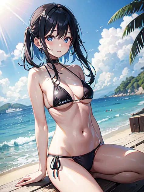 masterpiece , best quality , ultra detailed ,   beautiful Japan tiny bikini teenage girl  ,  breast:1.2 , only bikini , summer , long black hair  , in beach , pov 