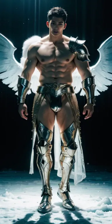 Ultra high resolution, best quality, photograph, 4k, (photographrealistic: 1.4), movie light, The male angel has large translucent wings., A shirtless, muscular man., Abdominal muscles wearing medieval gold armor, Fine fur, feThe male angel has large trans...