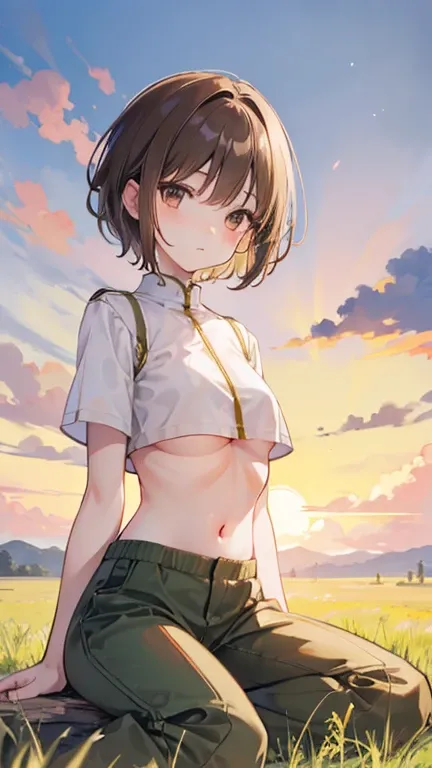 Sunset grassland background、nature、one person、sit、thin light brown hair、short hair、long pants、nervous、Gentle、cute、small breasts、I can see Oheso、underboob、naked