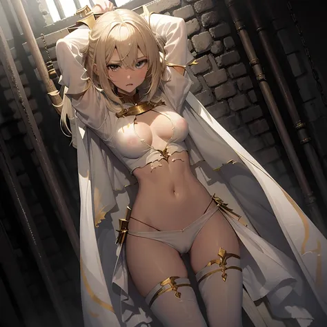 (nsfw:1.3), short blonde hair, expressive eyes, perfect face, (tight white crop top shirt), tight white spandex briefs, gold belt, white stockings, white boots, white cloak, gold details on clothes, Clothes full of metal chains, sword in sheath at waist, (...