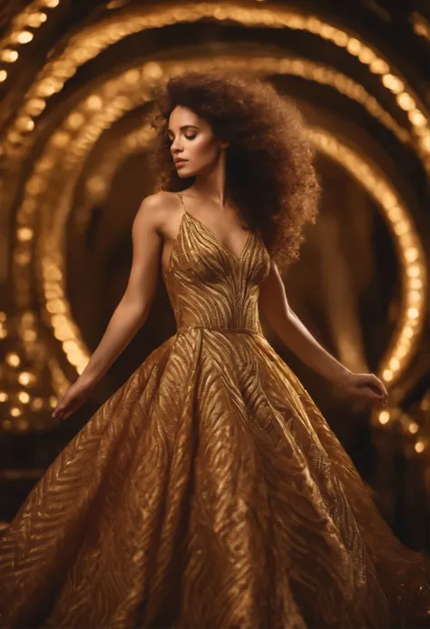 a woman with curly brown hair wears a pasley pattern dress. The dress connects with her hair and golden thin stripes appear from head to the end of the dress. The dress literally explodes in an abundance of golden thin stripes.