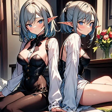 masterpiece,highest quality,1girl,solo,elf-v2,elf ears,masturbation,sex,slanted eyes,black pantyhose,thin,forget,sitting,detailed crossed legs,Sole, gray eyes,Platinum short hair in two buns,black shirt,looking at the viewer