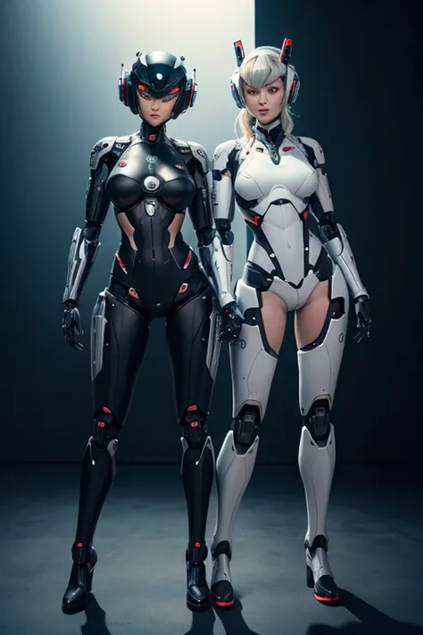 Two female robots showing their bodies to each other,
 full body shot,
 everyone is standing,
 The head remains human,
 Machine exposed chest,
 Both chests are cannons,
 Mechanical genitalia,
 Futanari,
 genitals become machine guns, 
 mechanical limbs,
 M...