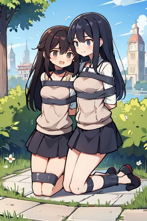 the best,perfect,masterpiece,((two girls leaning together)),((collar)),((garden)),((full body picture kneeling)),long black hair...