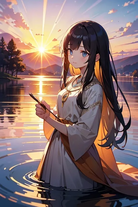 1 girl, calm expression, enchanting eyes, straight long hair, flowing dress, calm posture, porcelain skin, subtle blush, Crystal pendant BREAK golden hour, (rim lighting):1.2, warm tones, solar flare, soft shadow, Bright colors, painterly effect, Dreamy at...