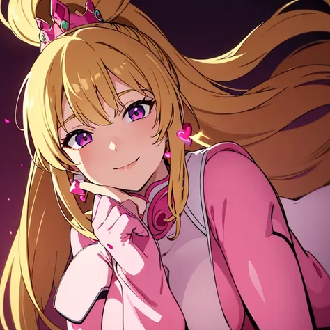 (masterpiece), (perfect hands), best quality, expressive eyes, perfect face, woman with long blonde hair in high ponytail bangs to side, wearing pink bodysuit, pink heart earrings and pink crown on head, dynamic pose, sexy pose, smiling, headshot