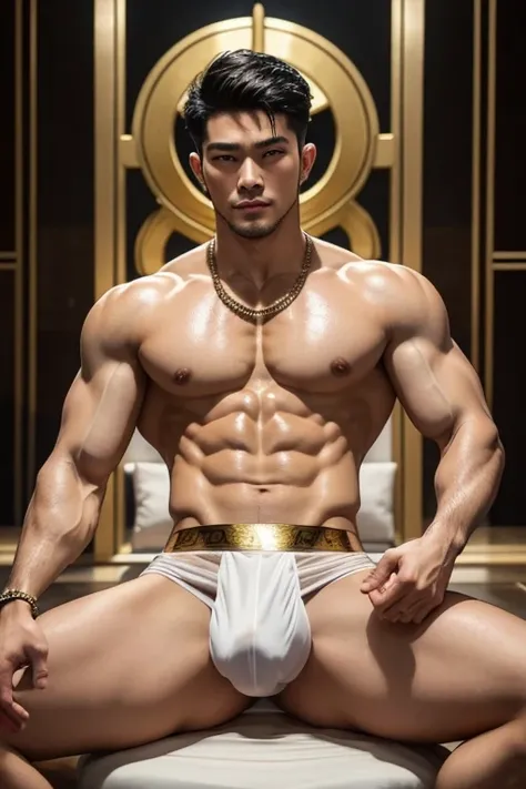 God, Thai style, man, shirtless., meditate, handsome, The body is in proportion., Gold jewelry has no bottom.,not wearing clothes,front view,crotch tung,Big target,Long crotch,Put on some wet white underwear. Tighten the big, long crotch.