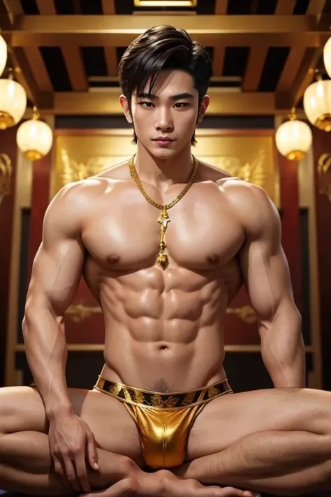 God, Thai style, man, shirtless., meditate, handsome, The body is in proportion., Gold jewelry has no bottom.,not wearing clothes,front view,crotch tung,Big target, very long.