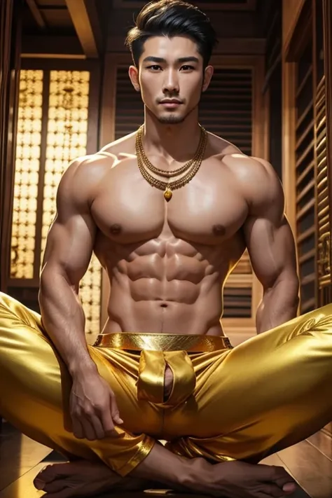 God, Thai style, man, shirtless., meditate, handsome, The body is in proportion., Gold jewelry has no bottom.,not wearing clothes,front view,The crotch of the pants is very bulging.,Big crotch ,The crotch of the pants is very long..