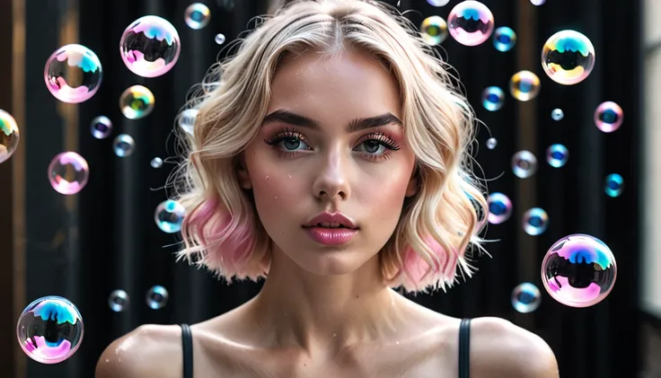 (best quality,4k,8k,highres,masterpiece:1.2) professional full length black and white RAW photo of a blond young woman with pink heir surrounded by floating soap bubbles, dramatic atmosphere, perfect female anatomy, charming symmetrical look, cute natural ...