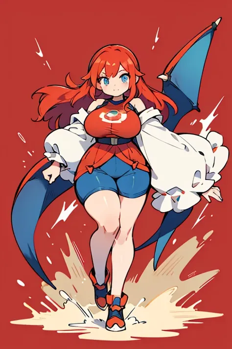 human charizard pokemon; big breasts;full body;Costumes inspired by Charizard Pokemon;blue eyes;Red hair;No background;background white;thick thighs;