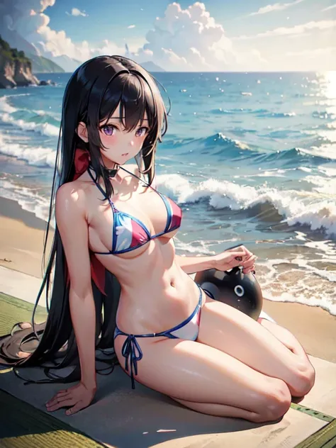 masterpiece , best quality , ultra detailed ,   beautiful Japan tiny bikini teenage girl  ,  breast:1.2 , only bikini , summer , long black hair  , in beach , pov 