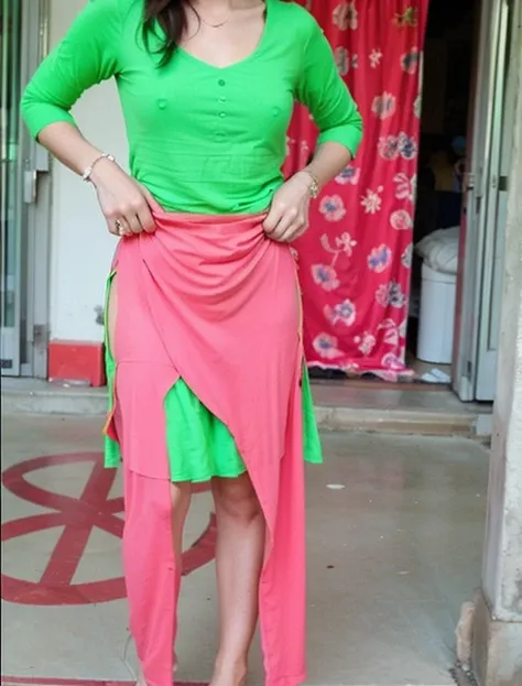 A girl in long kameez without pajama pant,  she holds her pajama in hand. little bit of her legs and thigh are visible from side of her kameez. Picture rotate take from side angle.