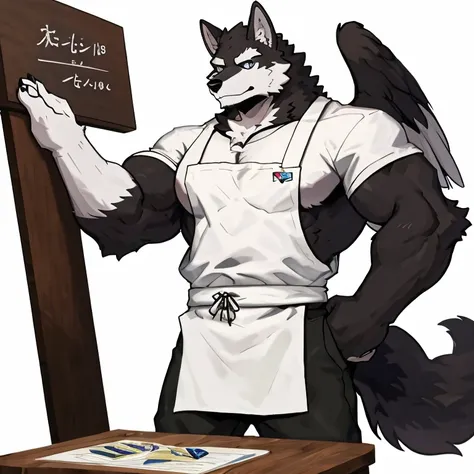 1 boy, solo, anthropology, wolf, hairy, black and white fur, A place where people congregate Sparkling blue eyes, Big pink‚ with big abs‚muscular, handsome, apron, black pant, white shirt, look at board , high quality, super detail, 1080P, high quality, hi...