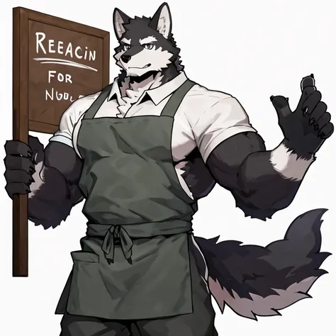 1 boy, solo, anthropology, wolf, hairy, black and white fur, A place where people congregate Sparkling blue eyes, Big pink‚ with big abs‚muscular, handsome, apron, black pant, white shirt, look at board , high quality, super detail, 1080P, high quality, hi...