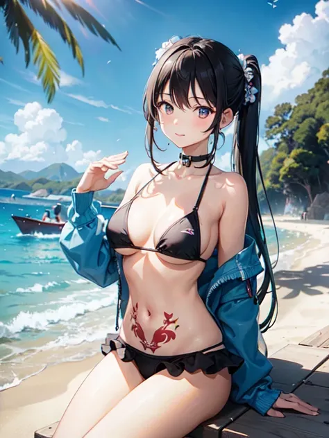 masterpiece , best quality , ultra detailed ,   beautiful Japan tiny bikini teenage girl  ,  breast:1.2 , only bikini , summer , long black hair  , in beach , pov 