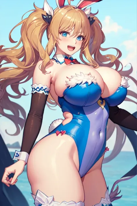 masterpiece, highest quality, onizaki kirara, Bunny Kirara, twin tails, hair ornaments, playboy bunny, blue leotard, bridal gauntlet, single thigh high, cowboy shot, looking at the viewer, foot pose, huge breasts, Are standing. :d 、Five detailed fingers、op...