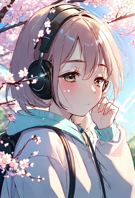 sad crying girl　earphone　cherry blossoms　soft spring sunshine