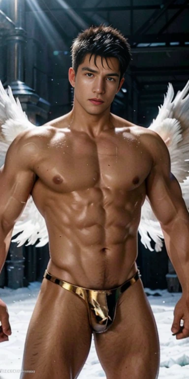 Ultra high resolution, best quality, photograph, 4k, (photographrealistic: 1.4), movie light, The male angel has large translucent wings., A shirtless, muscular man., Abdominal muscles wearing medieval gold armor, Fine fur, feThe male angel has large trans...