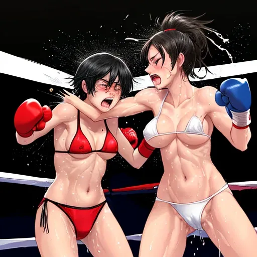 Two beautiful, young female boxers are boxing hard in the octagon. They are thrusting their fists toward their opponents. Their eyes are closed and their mouths are open. They are in ecstasy. They are scarred and very sweaty. Drooling. Black hair. Shortnes...