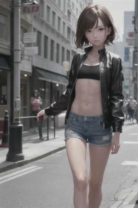 ((medium breast, tomboy girls, small head)), daylight, sunlight, (chiseled abs : 1.1), (perfect body : 1.1), (short wavy hair : 1.2) , auburn hair, collar, chain, full body shot, crowded street, wearing black tanktop, jeans jacket, ((shorts)), (extremely d...