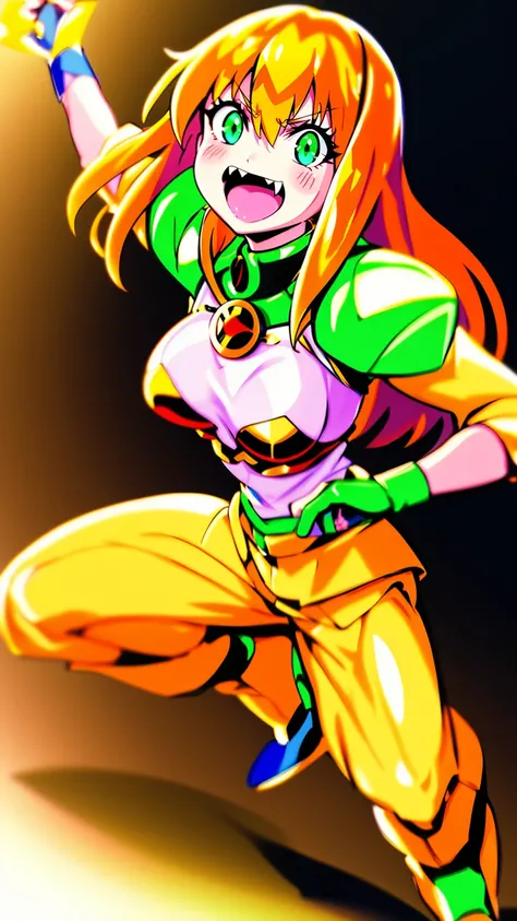 excel, orange hair, smile, fang, open mouth, green eyes,standing, medium breast, pants, pullover, , full body,knight pullover,, fantasy cyberpunk city magic, martial arts, martial pose, entire body, full body, posing, refsheet, full body,