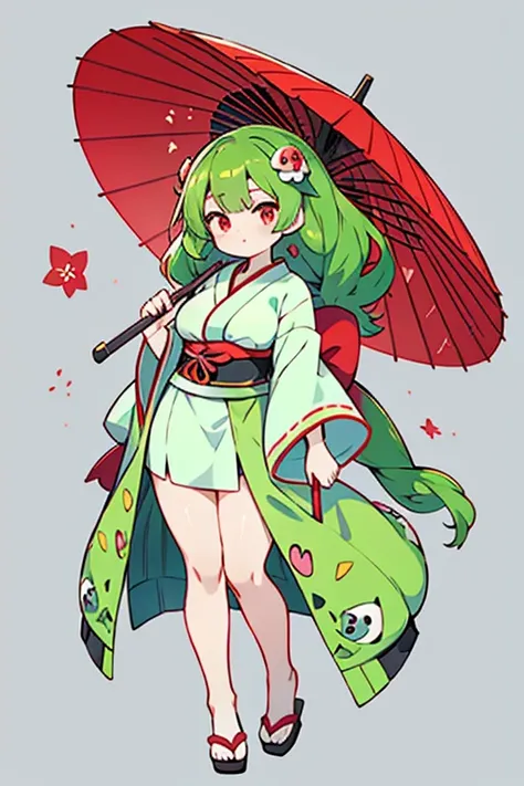 Human Fushigibana Pokemon; big breasts;full body;Costumes inspired by the Bulbasaur Pokemon;red eyes;green hair;No background;background white;thick thighs;kimono beauty;red umbrella