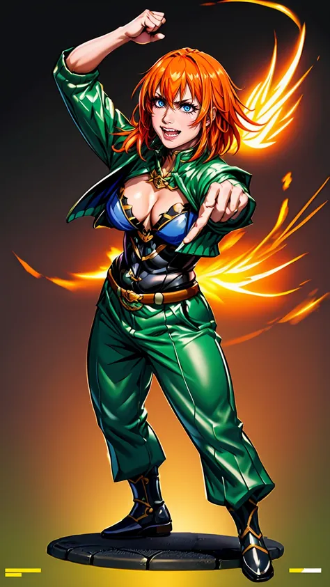 excel, orange hair, smile, fang, open mouth, green eyes,standing, medium breast, pants, pullover, , full body,knight pullover,, fantasy cyberpunk city magic, martial arts, martial pose, entire body, full body, posing, refsheet, full body,, pullover,