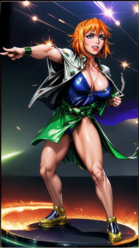 excel, orange hair, smile, fang, open mouth, green eyes,standing, medium breast, pants, pullover, , full body,knight pullover,, fantasy cyberpunk city magic, martial arts, martial pose, entire body, full body, posing, refsheet, full body,, pullover,