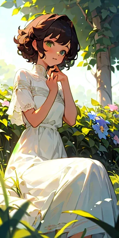 (masterpiece, best quality),A girl with short curly hair sitting in a field of green plants and flowers, She put her hand under her chin, warm light, white dress, Blurred foreground，cat，Ball of yarn