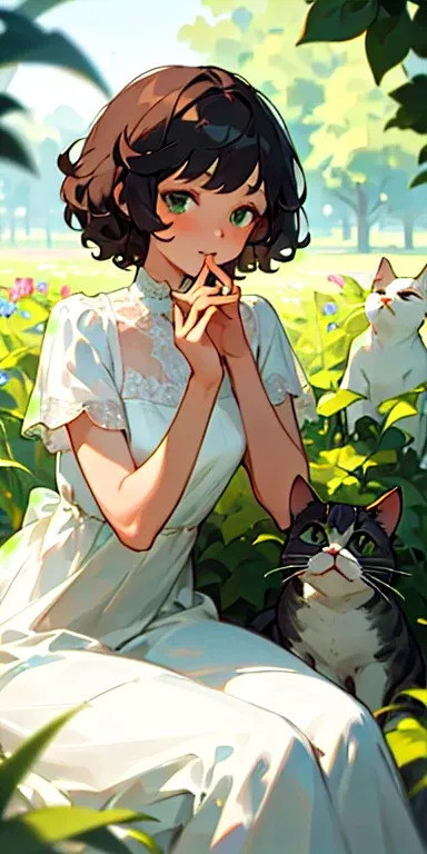 (masterpiece, best quality),A girl with short curly hair sitting in a field of green plants and flowers, She put her hand under her chin, warm light, white dress, Blurred foreground，cat，Ball of yarn