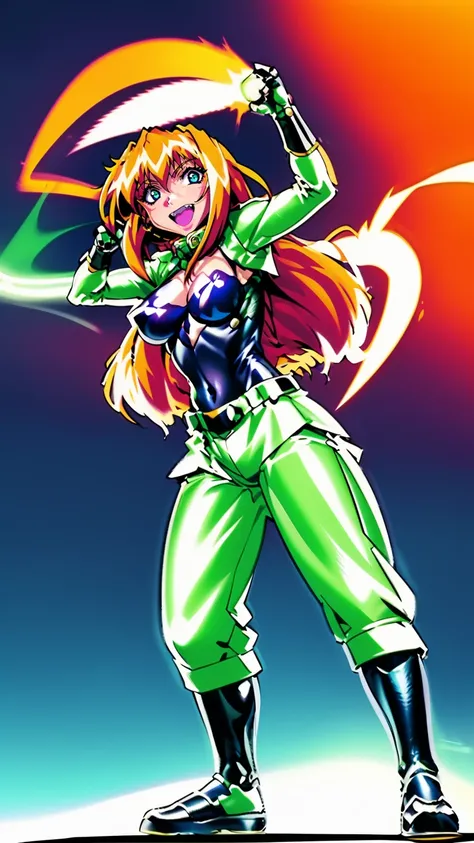 excel, orange hair, smile, fang, open mouth, green eyes,standing, medium breast, pants, pullover, , full body,knight pullover,, fantasy cyberpunk city magic, martial arts, martial pose, entire body, full body, posing, refsheet, full body,, pullover, fangs
