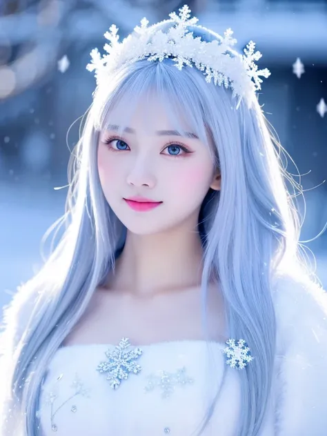 best quality，masterpiece，High resolution，a beauty，Exquisite face shape，ice princess，Ice magic，full-body shot，ice princess裙，，white hair，snowflake decoration，full-body shot