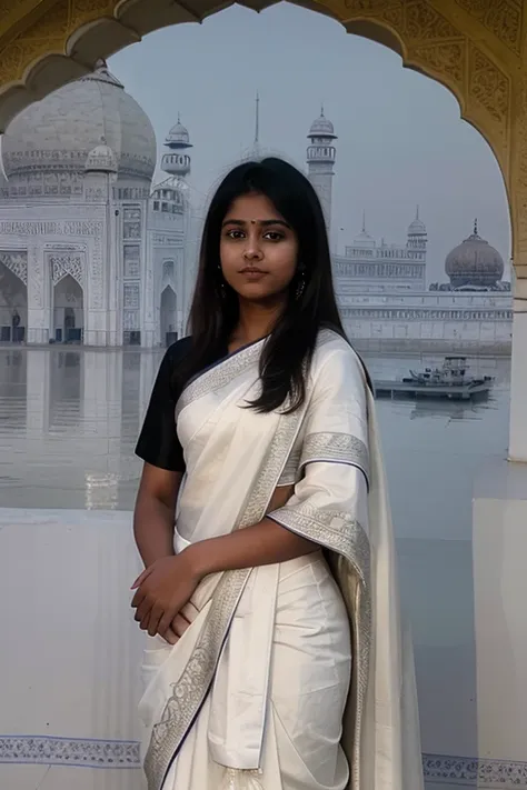 photo of india teen girl, 20 years old, wearing white saree, standing, realistic, (masterpiece:1.1), (best quality:1.1), beautif...