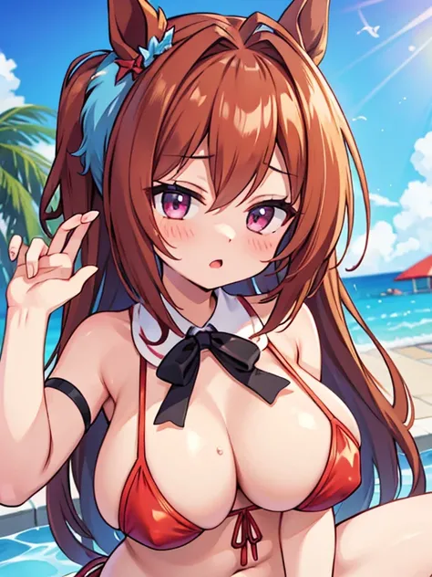 daiwa scarlet (Umamusume)High resolution,high quality,8K,1 girl,cute,blush,sheer micro bikini,huge nipples,Poolside,Low - Angle,huge breasts,最high quality,beautiful breasts,