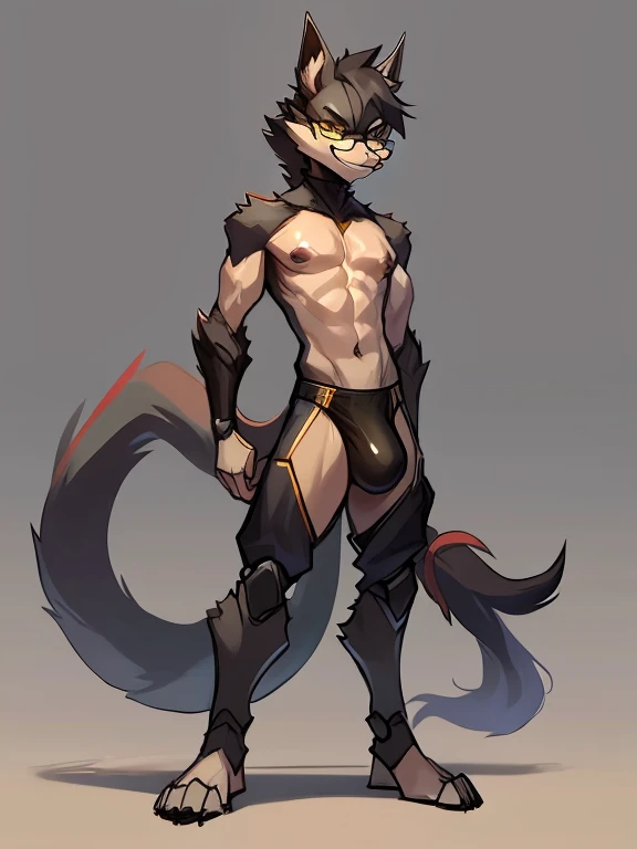 full body，Male, robot wolf, detailed yellow eyes, long tail, big nipples, slim, sly, simple background,feet, smirk, bulge,  glasses, tail wrapping around body