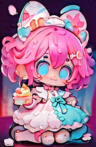 #Quality(8k,أفضل Quality,Masterpiece,Cinematic),Single, #1 girl(cute, kawaii,toddler,Pink hair,Blue eyes,Wearing Alice&#39;s dress,Flour ear,big eyes,He smiles,Eat cake),#background(basic,cute,Heart signs)