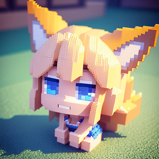 voxel,（Great 3D pixel art）, （3D pixel art）,(Chibi),(Big pixels),cute,kawaii,Single,1 girl,(3D pixel art),Blonde hair,Fox ear,Bikini swimwear,Blue eyes,big eyes,Skin color is white,Pale skin,He smiles,He sits,(3D pixel art)（3D pixel art）