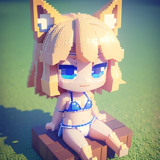 voxel,（Great 3D pixel art）, （3D pixel art）,(Chibi),(Big pixels),cute,kawaii,Single,1 girl,(3D pixel art),Blonde hair,Fox ear,Bikini swimwear,Blue eyes,big eyes,Skin color is white,Pale skin,He smiles,He sits,(3D pixel art)（3D pixel art）