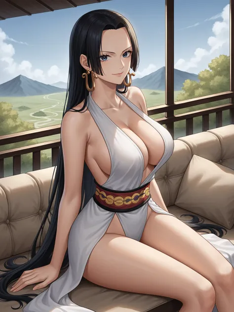 source_anime,score_9,score_8_up, score_7_up, 1girl,solo,outdoors,one piece, boa hancock, couch, indoors, seductive,, face closeup, ((closed mouth)), smirk, thighs, long shot, balcony, mountain background, fancy, white couch