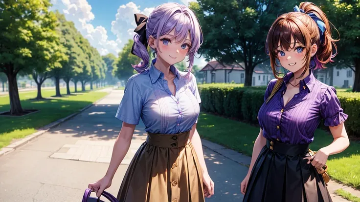 2girls, summer, village, trees, sun, clouds, ((colorful hair)), ponytail, large breasts, button down, blue eyes, ((purple shirt)), ((unbuttoned shirt)), unbuttoning buttons, popping buttons, ((short sleeved shirt)), black mini skirt, brown shoes, grin, loo...