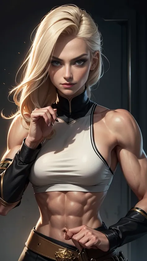 A gorgeous and stunning female soldier fighting on the battlefield, smirking sadistically, smiling sadistically, high rank, dominant, challenging demeanor, smug, teasing, tall, statuesque, imposing, towering, biceps, triceps, eight pack abs, extremely defi...