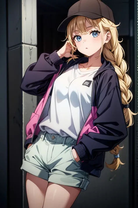 this girl has on a jacket and a black hat with white details, 1girl, solo, shorts, hat, black shorts, blue eyes, hands in pockets, twin braids, blonde hair, braid, looking at viewer, shirt, black headwear, jacket, white shirt, long hair, baseball cap, coll...