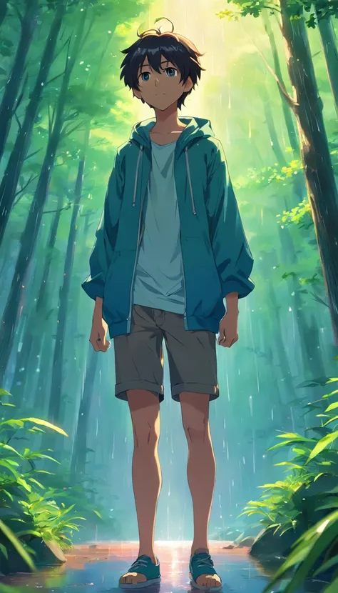 Anime boy full body, Beautiful anime artwork, anime style 4k, Anime Art Wallpaper 4k,rainy day, forest，raindrop