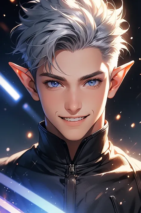 (masterpiece, very high quality photo, CGI effect, lighting effect, shading effect), a male elf, bright gray eyes, short platinum hair, (exclusive image of the characters face only), (a confident smile on his face , looking at the viewer)