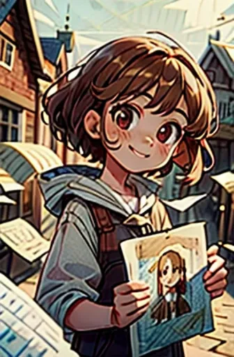 (((Masterpiece))),Best quality,Lots of paper,Girl,He smiles,outside,Brown hair,Red eyes,town