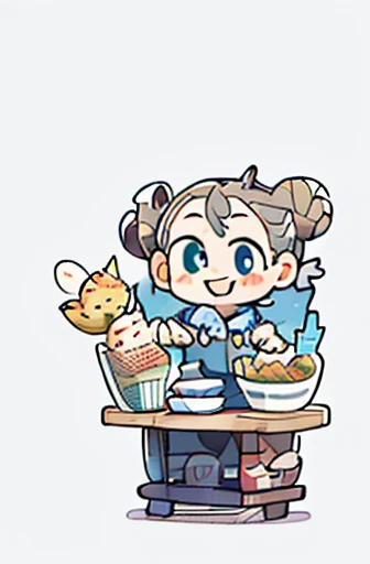 (sticker),#Quality(8k,best quality,masterpiece,cinematic),solo, #1 girl(cute, kawaii,small kid,blown hair,hair bun,chinese style,blue eyes,big eyes,smile,selling food at kiosk),#background(only kiosk,simple,white,sticker style)