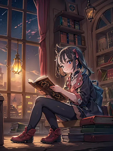 A 10-year-old girl sitting on a window sill and reading a book、cowboy shot:1.2,((pokemonsmarnie:1.2)),(super detailed illustrations:1.2),(masterpiece, 8K), (最high quality, high quality:1.4), perfect anatomy, very detailed, super detailed,masterpiece backgr...